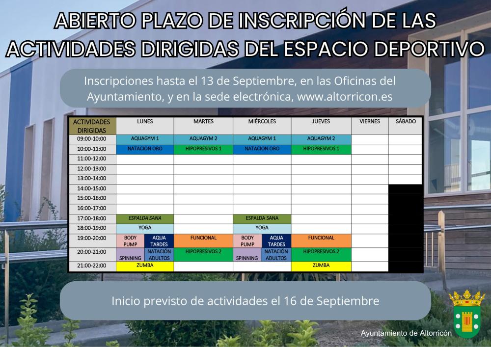 Imagen ABIERTO PLAZO DE INSCRIPCIÓN EN LAS ACTIVIDADES DIRIGIDAS DEL ESPACIO DEPORTIVO