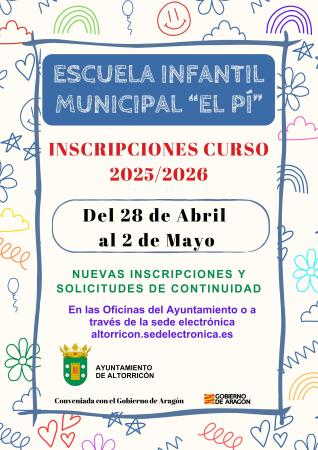 Imagen INSCRIPCIONES CURSO 2025 ESCUELA INFANTIL MUNICIPAL "EL PI"