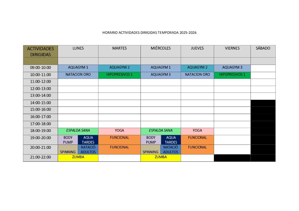 Imagen HORARIO ACTIVIDADES DIRIGIDAS Y PISCINA CLIMATIZADA 2025-2026