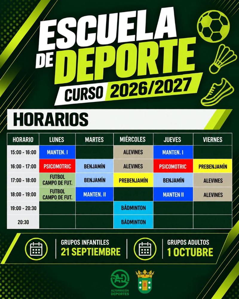 Imagen HORARIO ESCUELA DE DEPORTE 2026 2027